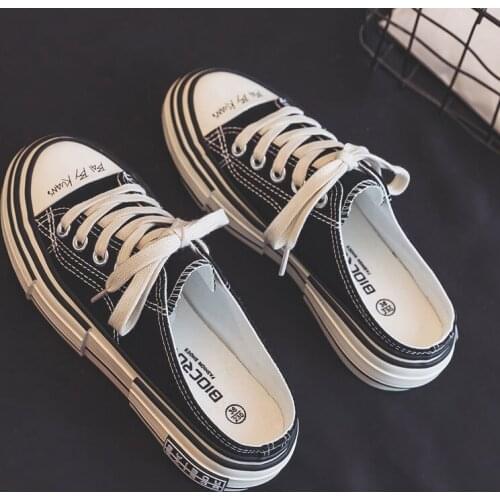 Female Canvas Shoes Summer 2021 Half Slippers Black White Girls Students Gumshoes Thick Soled All Match Solid Color Fashion Shoe