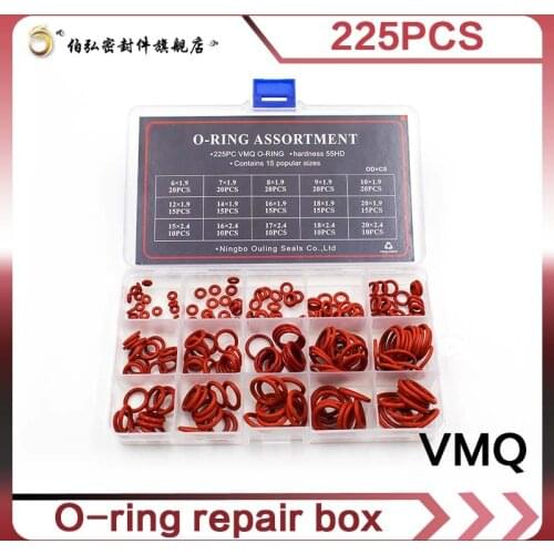 Red Silicone Rubber 225pcs O Rings VMQ Seal Silicon Washer Rubber oring Sealing O-rings set Assortment Kit Set Box Ring