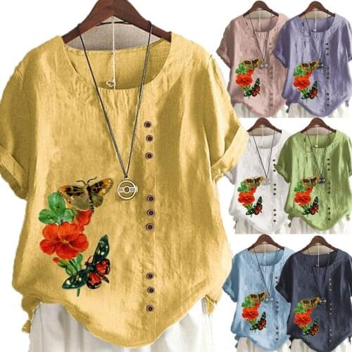 Womens Fashion Summer New Floral Printed Short Sleeve T-shirt Casual Round Neck Tops Loose Solid Color Blouse