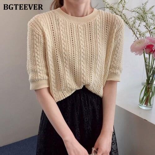 BGTEEVER Autumn O-neck Half Sleeve Women Twisted Knitting T-shirt Casual Loose Hollow Out Female Knitting Tops 2020