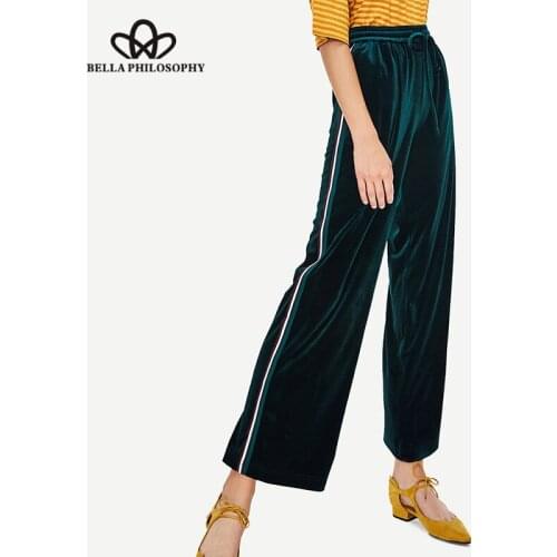 Bella Philosophy 2019 Striped Velvet Sports Pants Street Wear Female Vintage Elastic Waist Long Pants Lace-Up Lady Wide Leg Pant