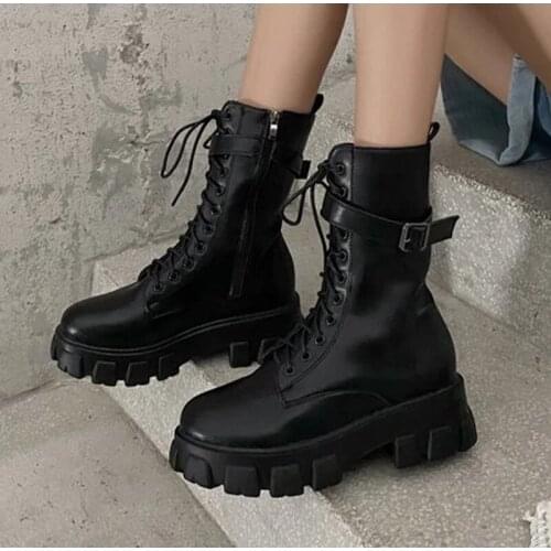 2021 Women Modern Boots Platform Zipper Ankle Boots Ladies PU Leather Buckle Shoes Female Punk Thick Bottom Low Heels Footwear