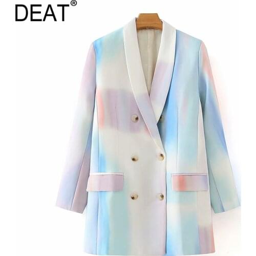 [DEAT] Women Contrast Color Double Breasted Blazer New Lapel Long Sleeve Loose Fit Jacket Fashion Tide Spring Autumn 2021 13T866