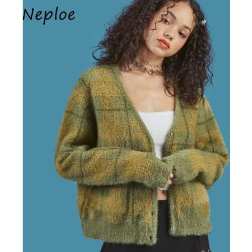 Neploe Retro Mohair Plaid V-neck Loose Sweater Women 2021 Autumn Winter Cardigan Female Pockets Fluffy Knitwear Jacket Mujer