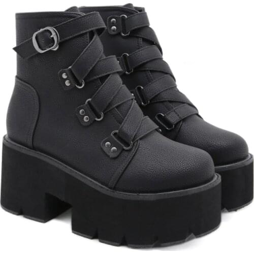 Winter womens platform boots, round toe, solid color cross strap ankle boots