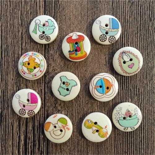 100pcs 15mm Natural Mixed Baby Series Wood Round Buttons Crafts Scrapbooking DIY Sewing 2 Holes Button Embellishments