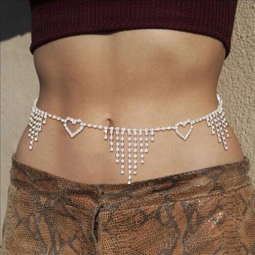2021 Shiny Rhinestone Tassel Love Lady Waist Chain Body Chain Sexy Crystal Belly Button Chain Beach Bikini Body Accessories