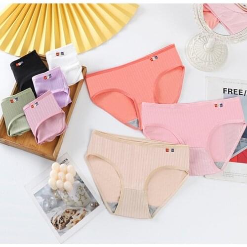 3Pcs/Set Large Size M-XL Striped Lingerie Hip-Lifting Womens Briefs Solid Color Threaded Panties Breathable Mid-waist Underwear