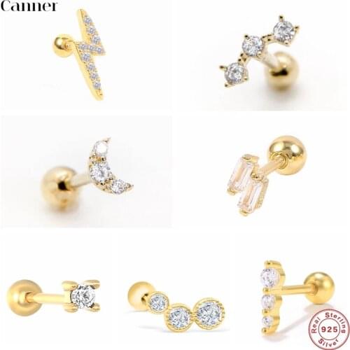 Canner 1pcs 100% 925 Sterling Silver Stud Earrings for Women Crown Moon Small Cute CZ Piercing Cartilage Earings Fine Jewelry W5