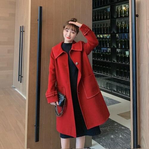 Casaco Feminino Double-sided Loose Woolen Coats Fashion New Product Woolen Mid-length Kawaii Doll Collar Red Woolen Female Coat