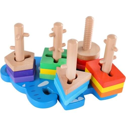 Montessori Childrens Wooden Toys Rotating Set Of Building Blocks Educational Geometry Pillar Matching Color Shape Wooden Toy