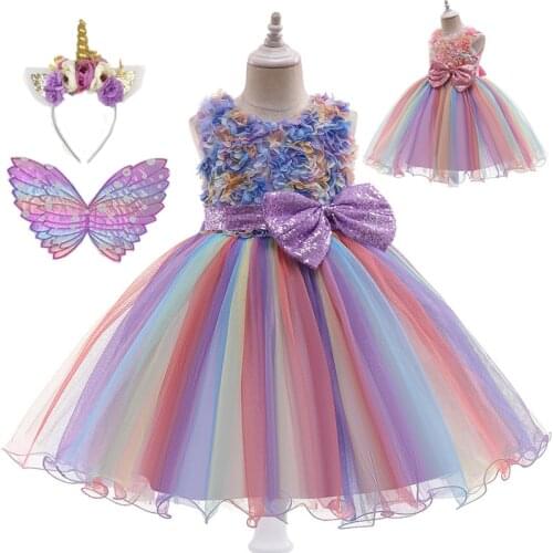 Girls Unicorn Costume Dress Fancy Up Kids Sequin Flowers Rainbow Tutu Birthday Party Dresses Princess Cosplay Dressing Up