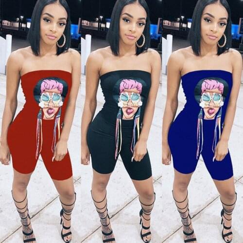 Echoine Sexy Cartton Print Strapless Playsuit Skinny Bodycon Party Clubwear Romper Summer Sleeveless Jumpsuit Outfits Streetwear
