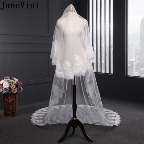 JaneVini White Two Layers Ivory Wedding Veils with Combs Cathedral Long Lace Edge Bridal Veil 3 Meters Tulle Souple Accessory