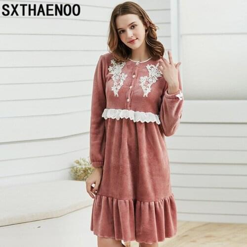 SXTHAENOO Flannel Nightgown For Women Winter Loose Princess Women Nightdress Sleepwear Coral Velvet Lace Patchwork