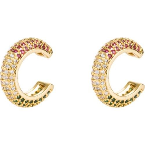 Classic Multicolor Rainbow Clip Earrings For Women Shiny Crystal Zirconia Pave Bohemia Female Wedding Cuff Earring Jewelry Gifts