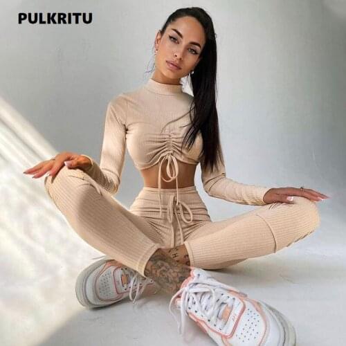 Pulkritu Women Yoga Legging Pants Suit and Ruched Long Sleeve Mini Tee Matching Two 2 Piece Set S Autumn Active Outfit Tracksuit