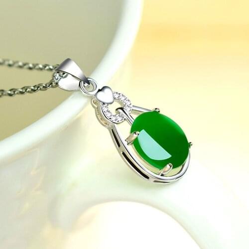 Popular 925 Silver Oval Green Jade Pendant Necklace Chalcedony Agate Charm Jewelry Accessories Fashion Amulet for Women Gifts