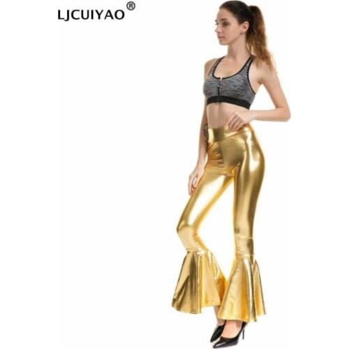 LJCUIYAO Glossy Shiny Leggings Ankle Length Leggings Stretch Casual Women Wide Leg Bright Leather Horn Glitter PU Leather Pants