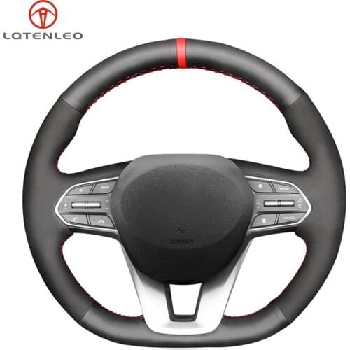 LQTENLEO Black Genuine Leather Suede Hand-stitched Car Steering Wheel Cover For Hyundai Santa Fe 2019-2020 Palisade 2020