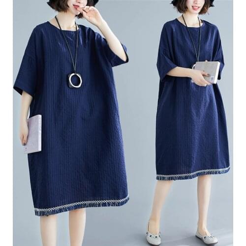 2021 New Arrival Summer Loose Dress Linen Cotton Tassel Plaid Fashion Women Dress Plus Size Female Vintage Midi Dress