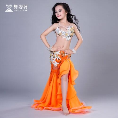 Newest Arrival high grade kid girls Bellydance performance Costume Wuchieal Belly Dance Sexy top bra+skirt 2pcs suits RT181