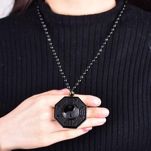 Black Obsidian Necklace Chinese Ying Yang Eight Diagrams Amulet Pendant Jewelry NEW