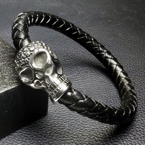Punk Skull Head Stainless Steel Magnet Clasp Men Jewelry Black Braided Leather Bracelet Male Wrist Band 2020 Erkek Bileklik