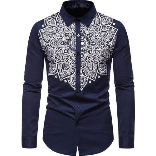 PARKLEES 2021 Floral Print Vintage Shirts Men Slim Navy Blue Long Sleeve Shirt Casual Wedding Bridegroom Dress Chemise Homme