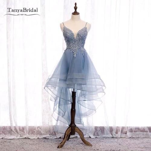 Ice Blue High Low Cocktail Dresses Lace Appliques Backless Short Front Long Back Hot Fashion Homecoming Dress Party Gown JQ777