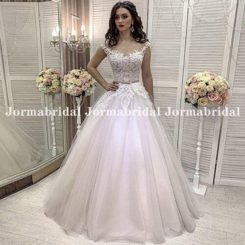 Illusion Cap Sleeve Wedding Dress With Vintage Appliques Puffy Blush Pink Ball Gown Bridal Dresses Vestido De Novia Princesa
