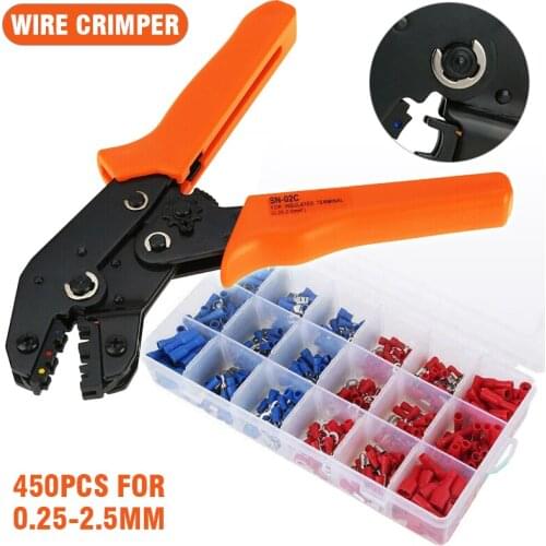 Wire Plier Terminal Crimp Connector Insulated Cable Wire Ratchet Crimper Pliers + 450 Insulated Terminals Kit Crimping Tool