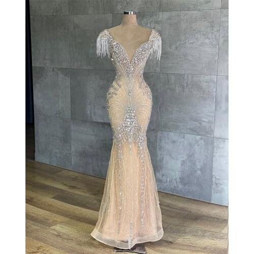 Luxury Champagne Evening Dresses With Crystal Beads V Neck Cap Sleeve Mermaid Prom Gowns Formal Party Dress Floor Length Robes