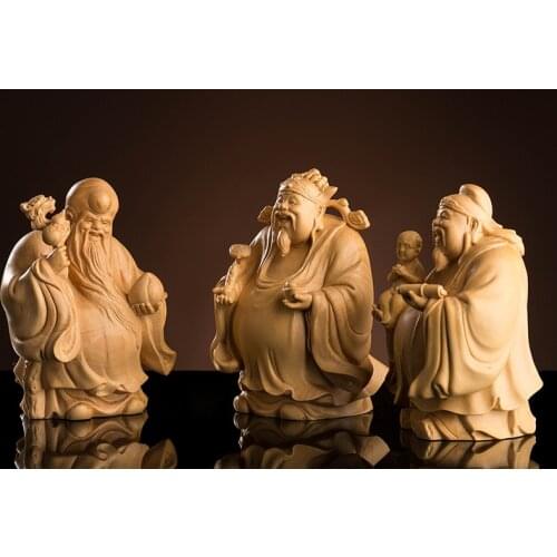 Boxwood 10cm Fu Lu Shou Sculpture Three Stars Gods of Longevity Blessing Rich Wood Buddha Statue Home Decor