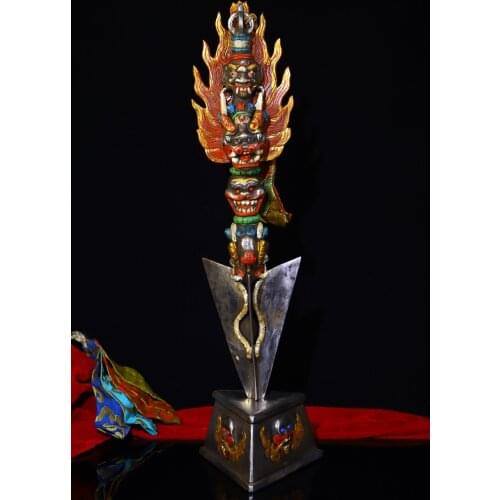 6" Tibet Buddhism Tiantie Tracing flame Bull head statue Happy Buddha Head Skull artifact Base set Dorje Vajra Phurpa Town House