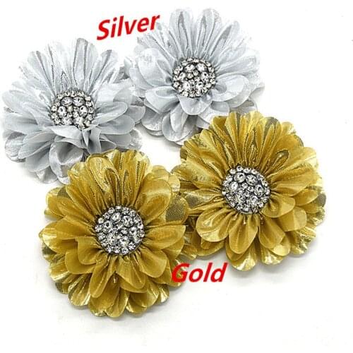 Large sequin crystal rhinestone center chiffon flower -high quality fabric craft flower with beads girls hair accessories