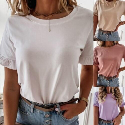 Bigsweety 2020 New Summer Fashion Women Solid Color Round Neck Short Sleeve Ruffled Hem Loose Casual T-Shirt Top