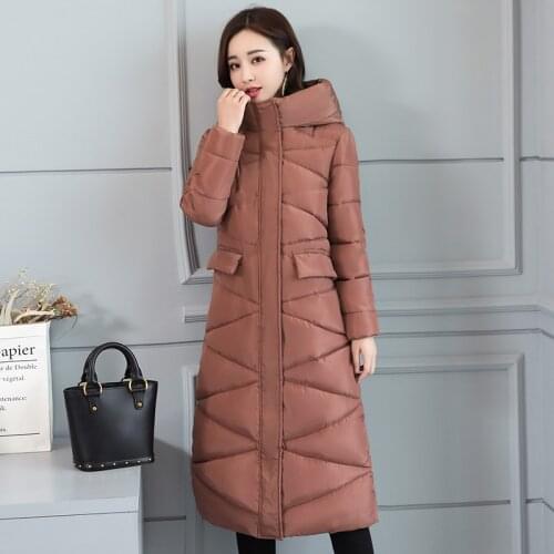 Padded jacket womens long knee-length jacket slim slim hooded Korean version of cotton jacket student coat size winter clothing