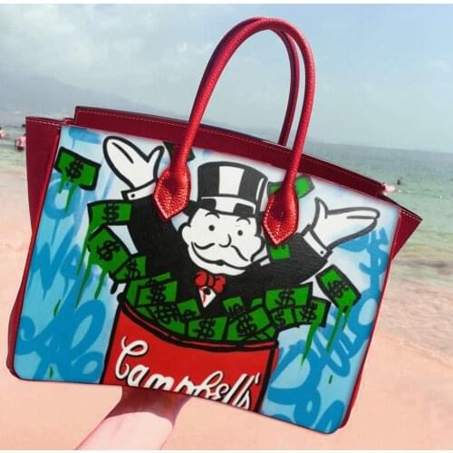 Art hand painted Alec Monopoly Real cow leather women shoulder handbag luxury designer totes bag for women high quality
