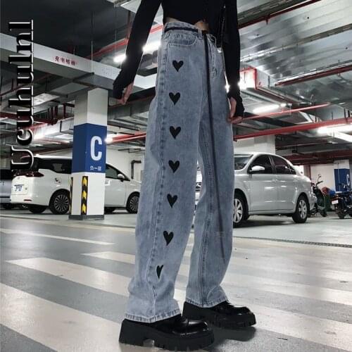 Ucuhulnl Korean Autumn Winter New Harajuku Style Daniel Jeans Vintage Heart-shaped Printing Wide Leg Old Pants Loose Straight