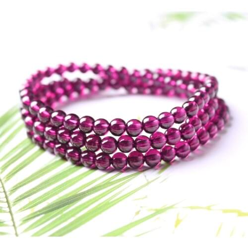 Genuine Natural Purple Garnet Quartz Crystal Bracelet 6mm Woman 3 Laps Clear Round Beads Stretch Gemstone Fashion AAAAA