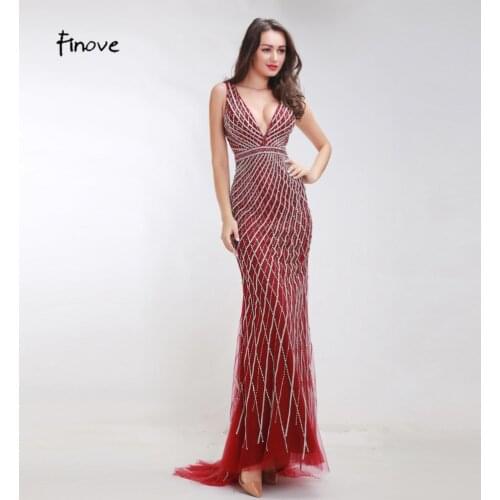 Finove Heavy Beading Evening Dresses Long 2020 New Styles Sexy Big V-Neck Backless Crystals Floor Length Party Dresses For Women