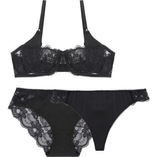Ladies lingerie sexy Bra and thong set floral lace low-rise thongs breathable underwear black thong and panties