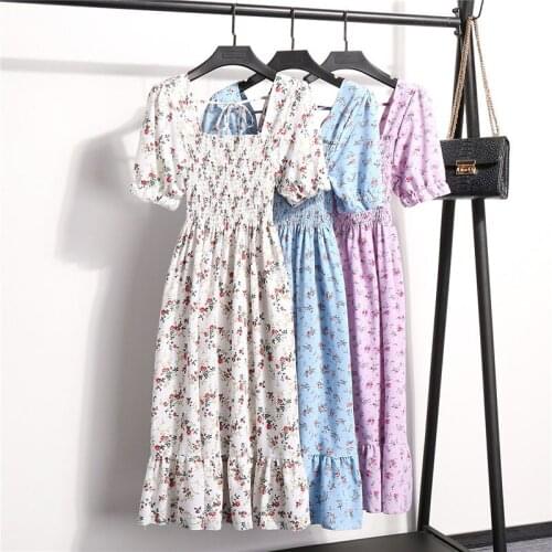 Women Summer Beach Dress Chiffon Floral Print Short Sleeve Square Collar Ruffles Elegant Chic Party Midi Sundress