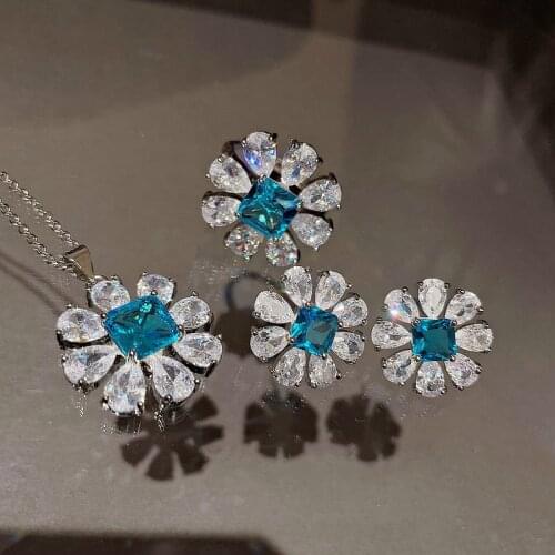 2021 Trend 925 silver Hoops Women Daisy Necklace Sets for Women High Quality Blue Crystal Flowers Necklace + Earrings + Ring