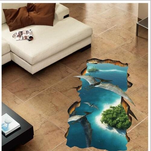 3D Hole Floor Decor Stickers Fancy View Sea Pterosaur Dinosaur Wall Stickers For Kids Room Self Adhesive Vinyl Bedroom DIY Decal