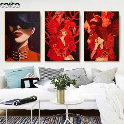 Abstract Woman Canvas Painting Wall Art Poster and Prints Red Animal and Character Picture Modern Art Living Room Decor Painting