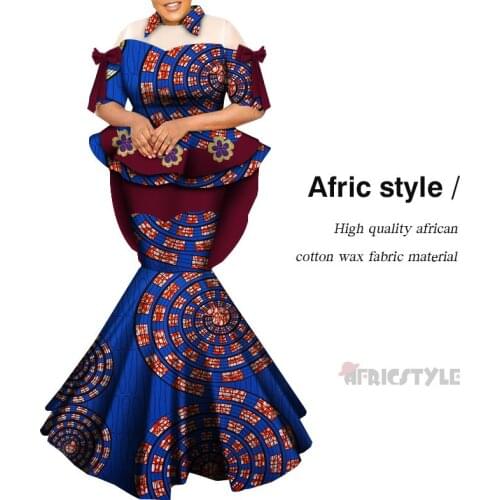 African Dresses for Women Bazin Riche Traditional African Wax Print Long Mermaid Dresses Women Unique Sleeve Clothing WY7334