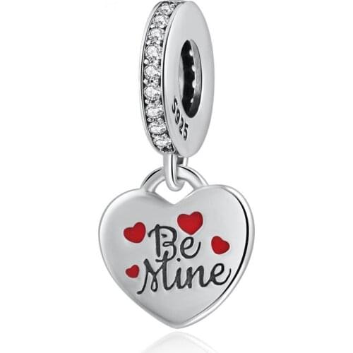 Authentic S925 Silver Be Mine Dangle Charm, Burgundy & Black Enamel fit Lady Bracelet Bangle DIY Jewelry Making