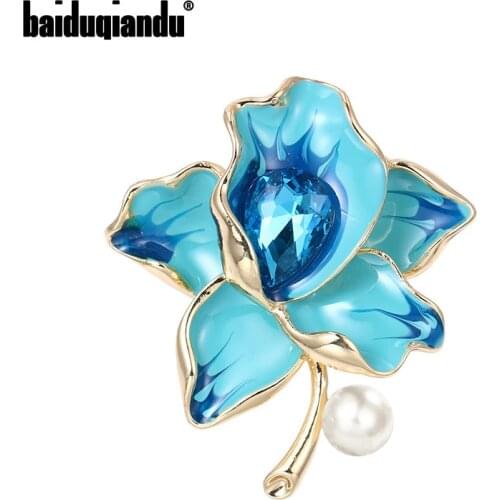 Baiduqiandu 4 Colors Purple / Pink / Red / Blue Enameled Flower Brooches for Women Girls Clothes Jewelry Accessories